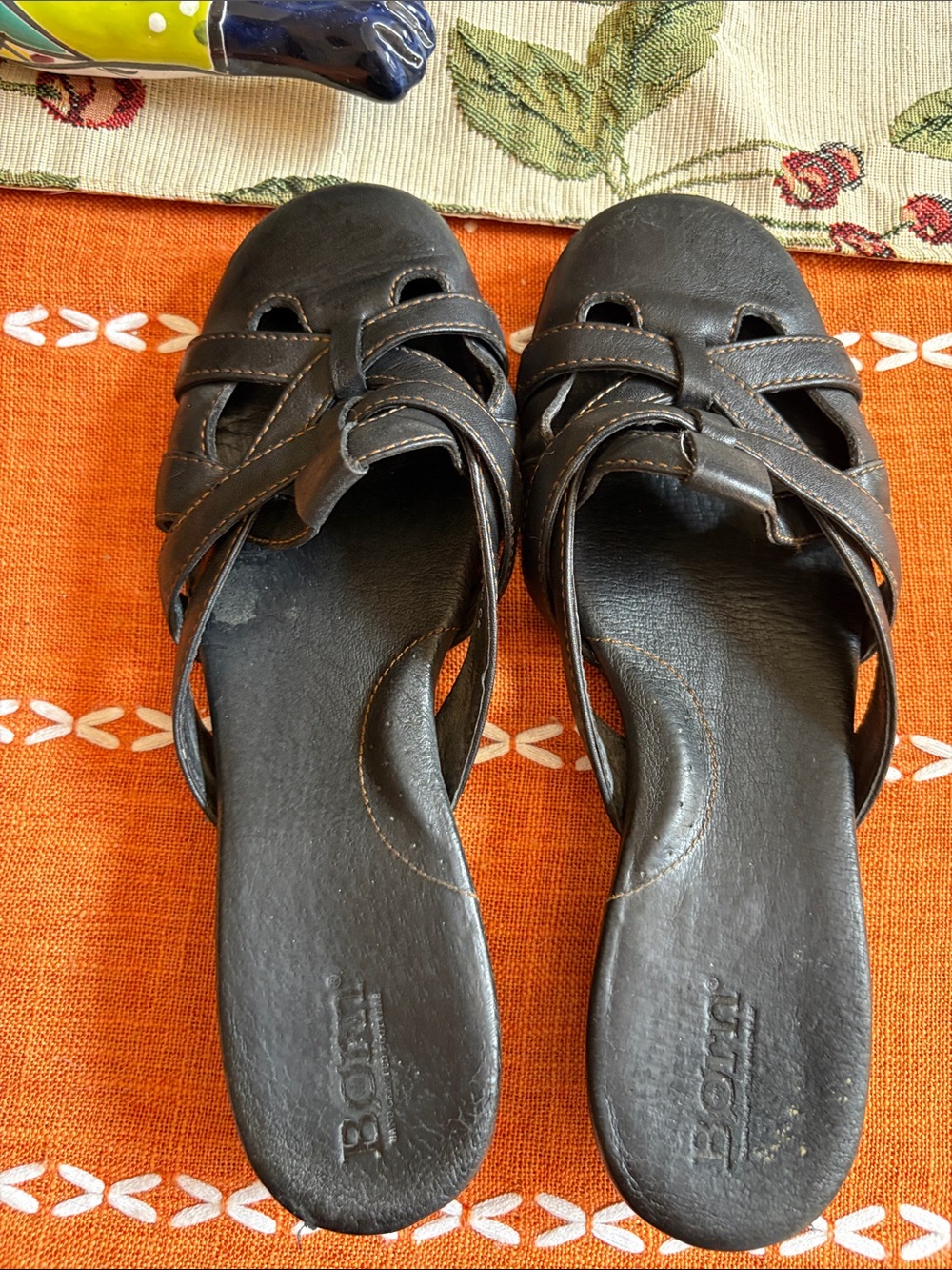 Born Black Leather Slip-On Mules with Strappy Cutouts